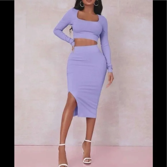 Sexy Solid Crop Tee & Split Thigh Skirt Set - Picture 5 of 6